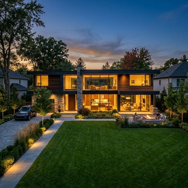 Modern home with warm interior lighting at golden hour